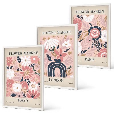 Tavelset ovanför soffa Blommotiv Tokyo London Paris