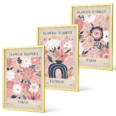 Tavelset ovanför soffa Blommotiv Tokyo London Paris