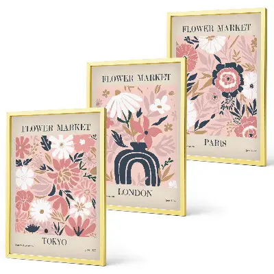 Tavelset med blommotiv för väggen ovanför soffan med motiv från Tokyo, London och Paris