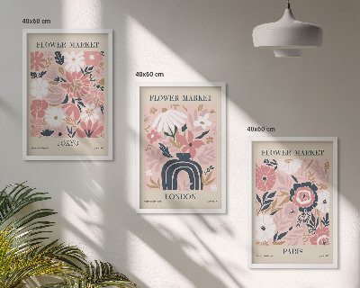 Tavelset ovanför soffa Blommotiv Tokyo London Paris