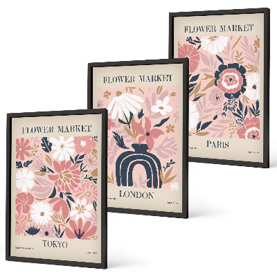 Tavelset ovanför soffa Blommotiv Tokyo London Paris