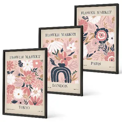 Tavelset med blommotiv för väggen ovanför soffan med motiv från Tokyo, London och Paris