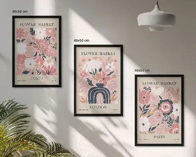 Tavelset med blommotiv för väggen ovanför soffan med motiv från Tokyo, London och Paris