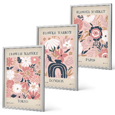 Tavelset ovanför soffa Blommotiv Tokyo London Paris