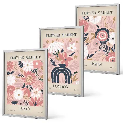 Tavelset med blommotiv för väggen ovanför soffan med motiv från Tokyo, London och Paris