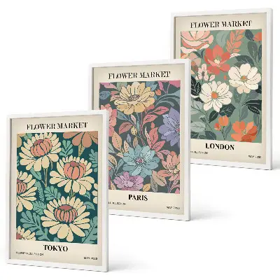 Blomsterposters Tokyo Paris London set med 3 tavlor