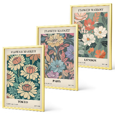 Set om 3 tavlor Blomsterposters Tokyo Paris London