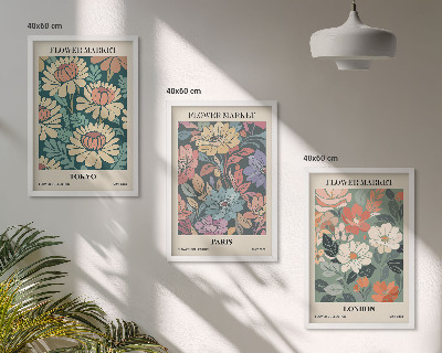 Set om 3 tavlor Blomsterposters Tokyo Paris London