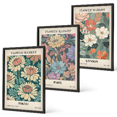 Set om 3 tavlor Blomsterposters Tokyo Paris London