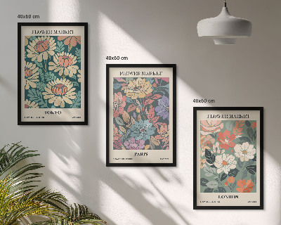 Set om 3 tavlor Blomsterposters Tokyo Paris London