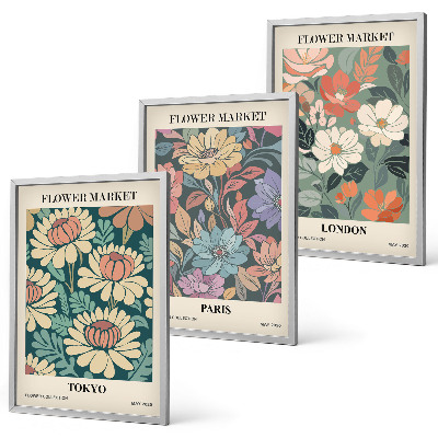 Set om 3 tavlor Blomsterposters Tokyo Paris London