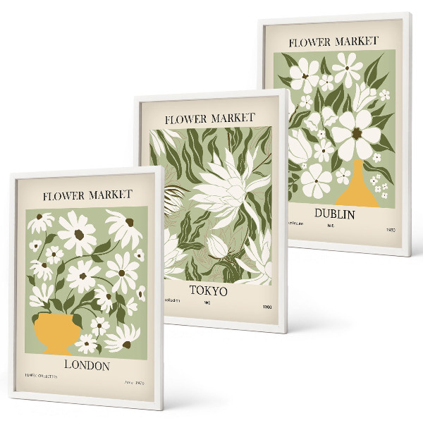Tavelset ovanför soffa Blommönster London Tokyo Dublin