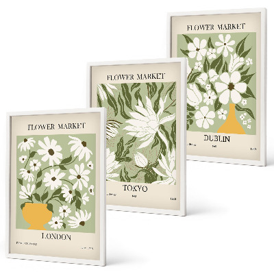 Tavelset ovanför soffa Blommönster London Tokyo Dublin