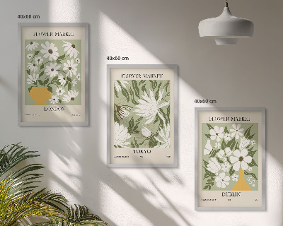 Tavelset ovanför soffa Blommönster London Tokyo Dublin