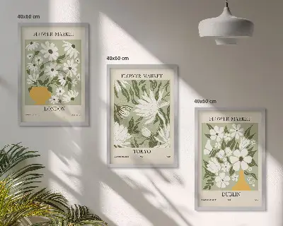 Tavelset för vägg ovanför soffa med blommönster från London Tokyo och Dublin
