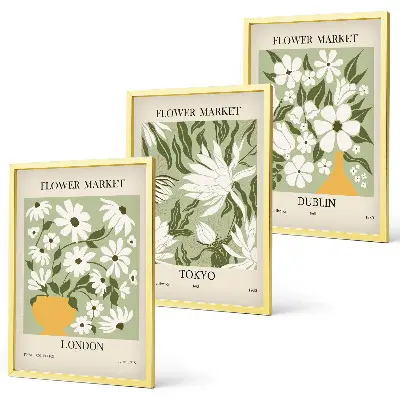 Tavelset för vägg ovanför soffa med blommönster från London Tokyo och Dublin