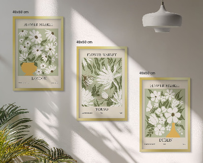 Tavelset ovanför soffa Blommönster London Tokyo Dublin