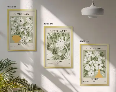 Tavelset för vägg ovanför soffa med blommönster från London Tokyo och Dublin