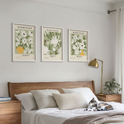 Tavelset ovanför soffa Blommönster London Tokyo Dublin