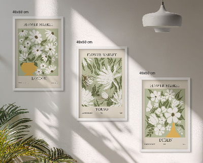 Tavelset ovanför soffa Blommönster London Tokyo Dublin