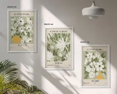 Tavelset för vägg ovanför soffa med blommönster från London Tokyo och Dublin
