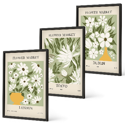 Tavelset ovanför soffa Blommönster London Tokyo Dublin