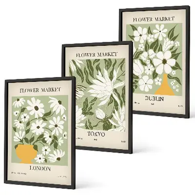 Tavelset för vägg ovanför soffa med blommönster från London Tokyo och Dublin