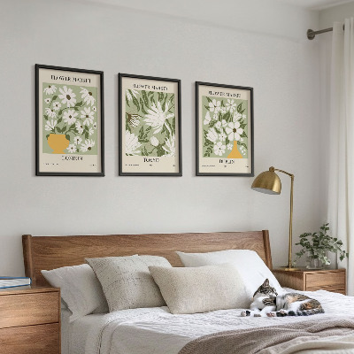 Tavelset ovanför soffa Blommönster London Tokyo Dublin