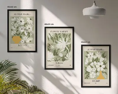 Tavelset för vägg ovanför soffa med blommönster från London Tokyo och Dublin