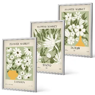 Tavelset för vägg ovanför soffa med blommönster från London Tokyo och Dublin