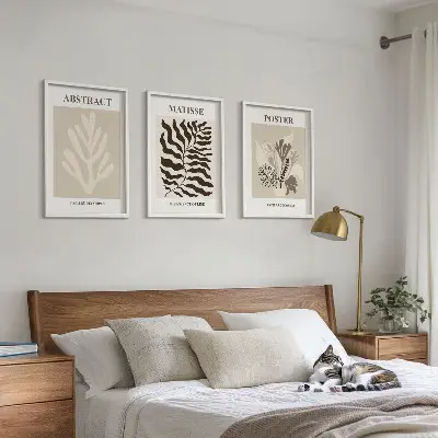 Tavelset för vägg ovanför soffa beigebrunt växtmönster