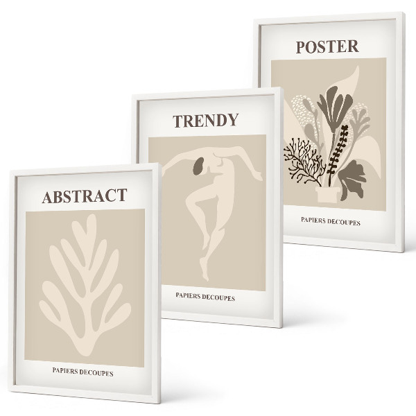 Set om 3 tavlor Blommönster beige brun