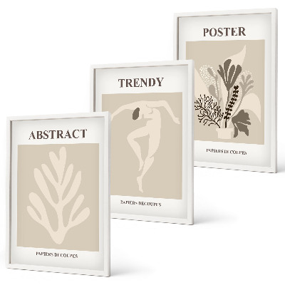 Set om 3 tavlor Blommönster beige brun