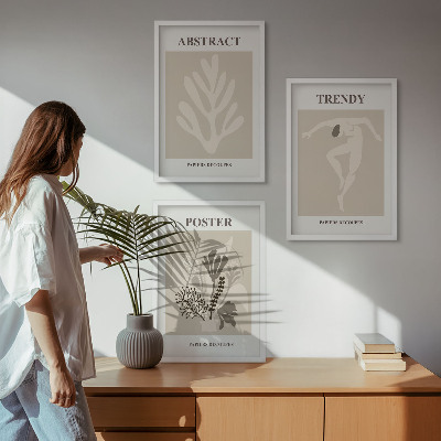 Set om 3 tavlor Blommönster beige brun