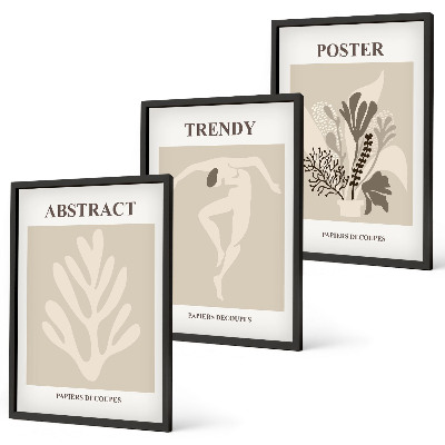 Set om 3 tavlor Blommönster beige brun
