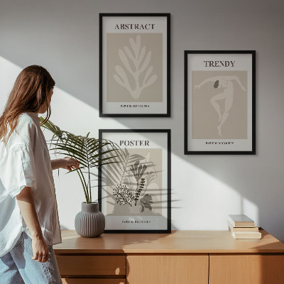 Set om 3 tavlor Blommönster beige brun