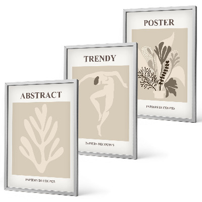 Set om 3 tavlor Blommönster beige brun