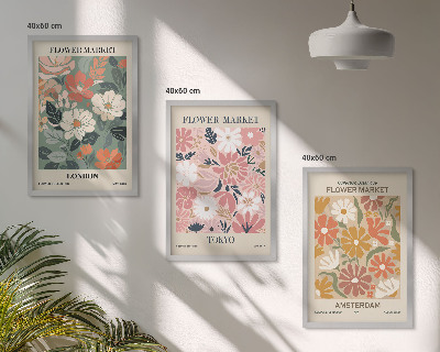Tavelset ovanför soffa Blommönster London Tokyo Amsterdam