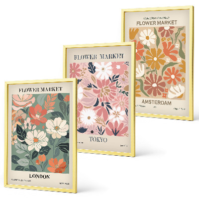 Tavelset ovanför soffa Blommönster London Tokyo Amsterdam