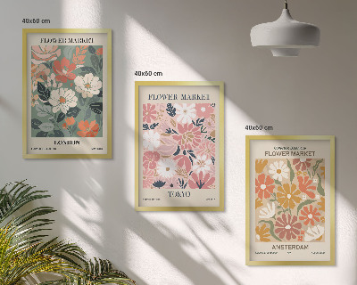 Tavelset ovanför soffa Blommönster London Tokyo Amsterdam