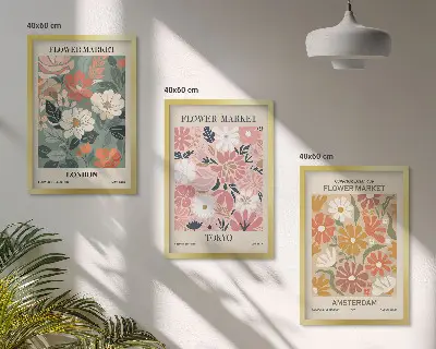 Tavelset för vägg ovanför soffa med blommönster från London Tokyo och Amsterdam
