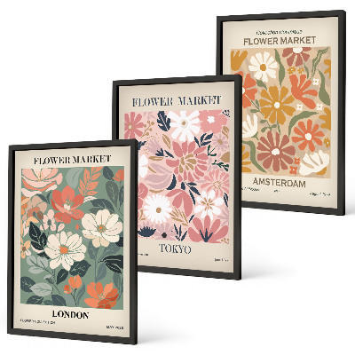 Tavelset ovanför soffa Blommönster London Tokyo Amsterdam