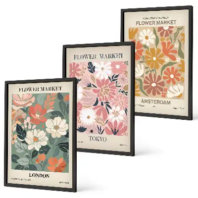Tavelset för vägg ovanför soffa med blommönster från London Tokyo och Amsterdam