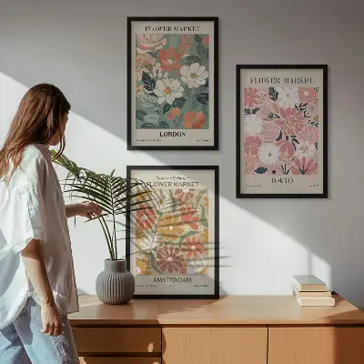 Tavelset för vägg ovanför soffa med blommönster från London Tokyo och Amsterdam