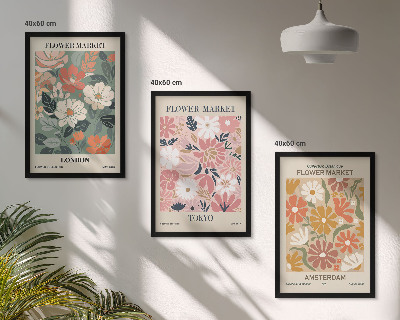 Tavelset ovanför soffa Blommönster London Tokyo Amsterdam