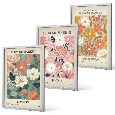 Tavelset för vägg ovanför soffa med blommönster från London Tokyo och Amsterdam