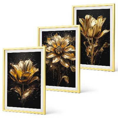 Set om 3 tavlor Gula blommor på en mörk bakgrund