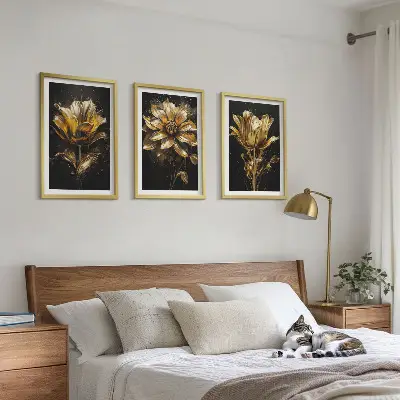 Gula blommor på en mörk bakgrund tavlor i set om 3