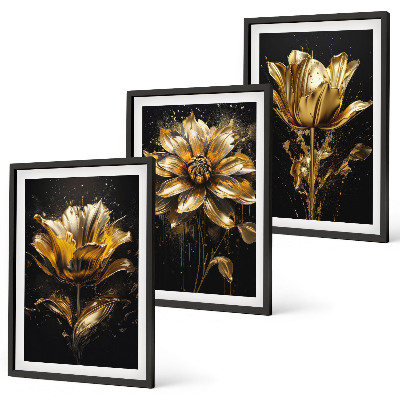 Set om 3 tavlor Gula blommor på en mörk bakgrund