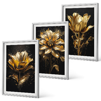 Set om 3 tavlor Gula blommor på en mörk bakgrund